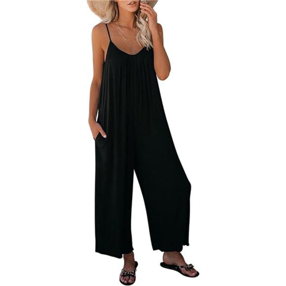 Addkaka Womens Casual Sleeveless Spaghetti Straps Jumpsuits Stretchy Loose Long